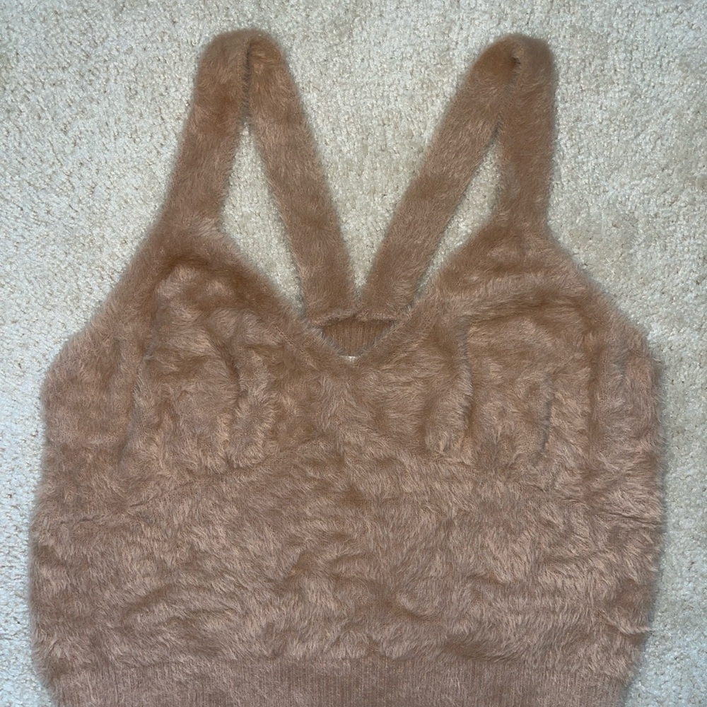 Boutique Fuzzy Tan Sleeveless Crop Top